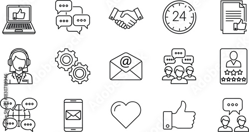 Customer Service, Support, and Communication Icon Set Line Art Vector Illustration: Feedback, Agreement, 24/7 Assistance, Operator, Settings, Email, Global Network, and User Rating.