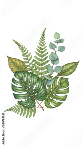 Watercolor illustration of a botanical arrangement featuring various green leaves and foliage.