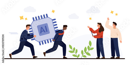 Business team collaborating to implement artificial intelligence technology, symbolized by a large AI microchip, representing digital transformation and innovation, isolated on white background vector