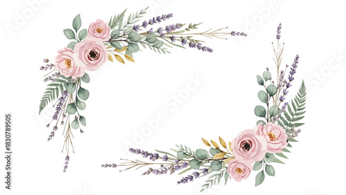 Elegant watercolor floral corner frame with pink roses, purple lavender, and green foliage on a white background.