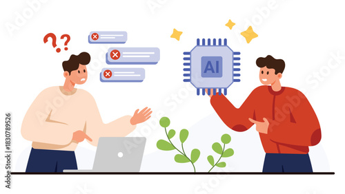 Two people discuss AI solutions for troubleshooting computer issues, highlighting artificial intelligence adoption and problem solving in technology, isolated on white background vector illustration
