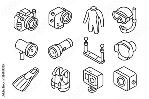 Diving and underwater equipment icons: camera, wetsuit, snorkel, flippers, flashlight.