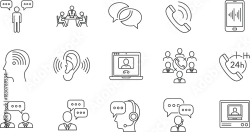 Customer Support and Global Communication Technology Line Icons Set, Including Help Desk, Teleconference, Video Call, Listening Skills, and 24-Hour Online Contact Concepts