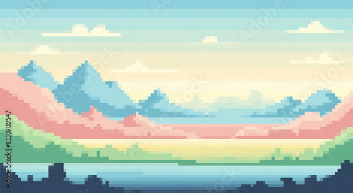 Pixel art serene landscape with pastel pink and blue mountains, a calm river, and green trees in a soft aesthetic style