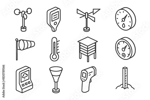 Collection of weather instruments and measuring tools in icon style.