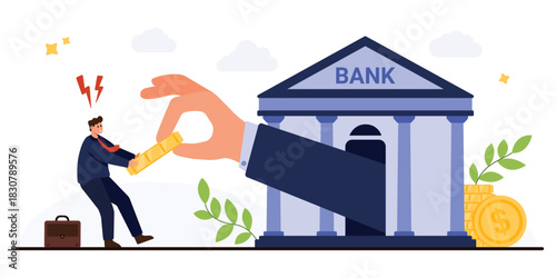 A large bank hand grabs cash from a worried businessman, symbolizing financial loss, banking fees, or debt collection, isolated on white background vector illustration
