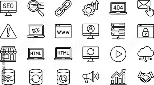 Digital marketing and SEO services line icons set, vector illustration of web development, internet security, data network, search optimization, e-commerce, and business strategy.