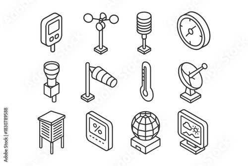 Isometric weather instruments outline icons collection.