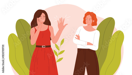 Two women standing together, one happily displaying her engagement ring while the other looks on with envy, capturing emotions of jealousy and celebration, vector illustration