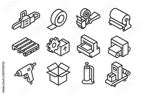 Industrial packaging line icons set - tape, pallet, gear, machine, box, wrap, gun.
