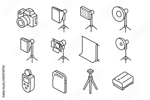 Set of outline icons of photography equipment and accessories.