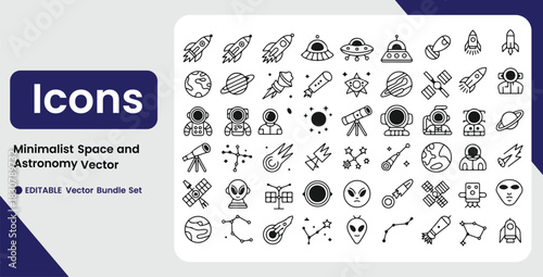 Minimalist Space and Astronomy Vector Icons A Collection of Editable Line Art Graphics Featuring Astronauts, Planets, Rockets, Telescopes, Satellites, Constellations, and Aliens for Web and Print ,