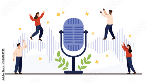 Large blue microphone with audio waves, people celebrating around, symbolizing podcasting, broadcasting, and audio content creation, isolated on white background vector illustration