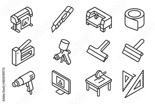 Isometric icons of industrial tools and equipment for design.