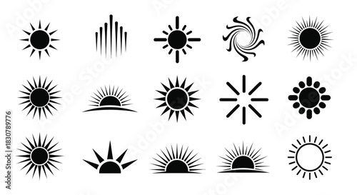 Collection of stylized sun icons and symbols, representing daylight and energy