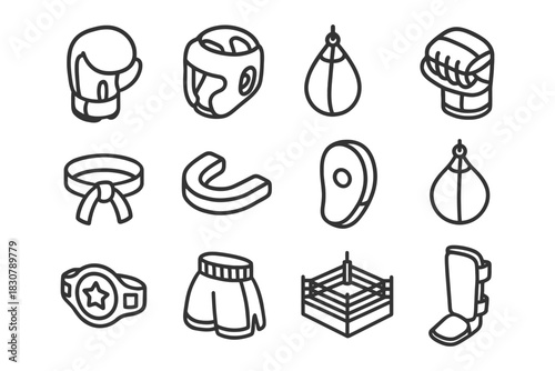 Boxing equipment icons: gloves, helmet, punching bag, ring, shorts, belt.