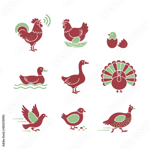 Diverse collection of nine stylized poultry and farm bird icons in red and green, including rooster, duck, and turkey.