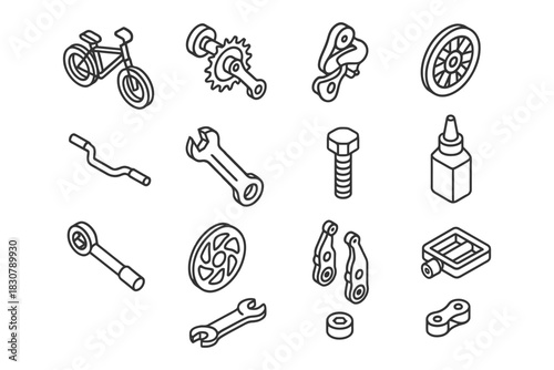 Bicycle component icons in line art style for repair and maintenance.