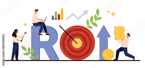 Business people analyzing ROI with charts, target, upward arrow, and coins, representing financial growth, investment returns, and success isolated on white background vector illustration
