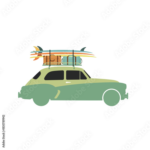 Retro car with surfboards and luggage on roof rack, symbolizing a beach vacation and road trip adventure