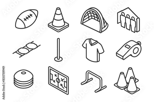 Line art sports equipment icons: football, jerseys, whistle, cones, goalpost.