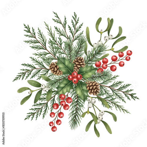 Christmas floral arrangement with pine cones, holly, mistletoe, red berries, and evergreen branches on a white background.