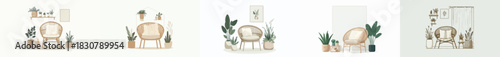 rattan chairs, knitted pillows, and small plants. Vektor, design, minimalist, illustrations, set icon