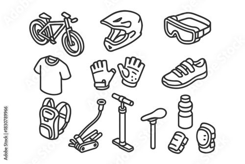 Bicycle gear icons including helmet, goggles, gloves, and tools.