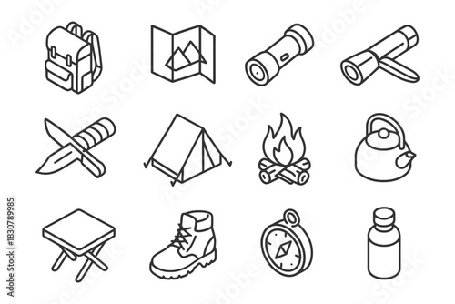 Outdoor adventure essentials: camping gear and wilderness tools line icons.