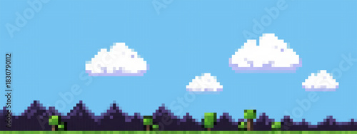 Pixel art outdoor landscape with distant purple mountains, scattered green trees, and a grassy field under a clear blue sky