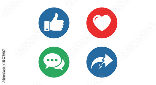 Social media engagement icons: like, love, comment, and share buttons for online interaction.