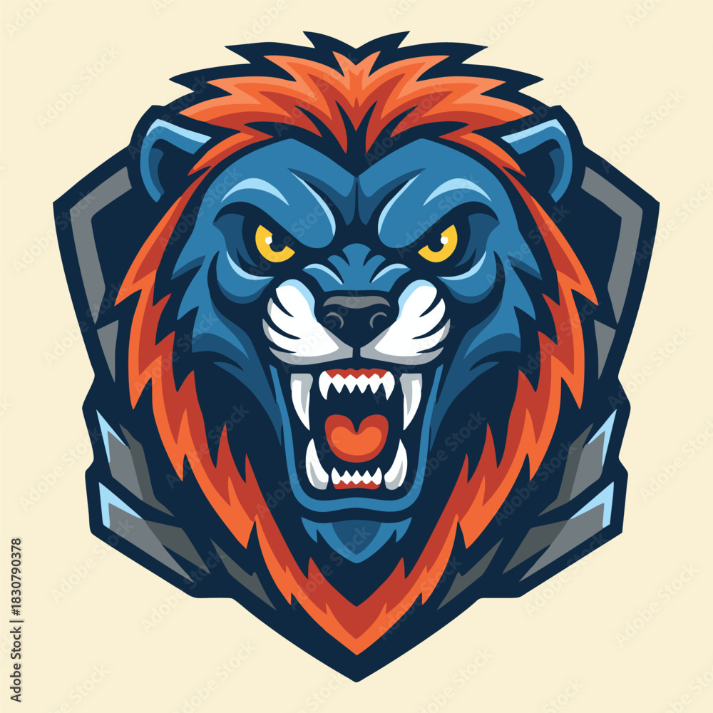 Fototapeta premium Aggressive blue wolf head mascot with snarling expression and sharp teeth, depicted in a bold graphic style.