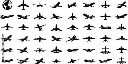 Large Collection of Airplane and Aircraft Silhouette Icons Set, Diverse Commercial and Private Jet Vector Symbols for Travel, Aviation, Logistics, and Global Transportation.