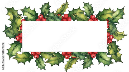 A rectangular frame of vibrant green holly leaves and bright red berries, perfect for a festive holiday greeting or seasonal decoration.
