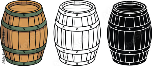 wooden wine barrel silhouette & Outline and illustration set isolated on transparent background