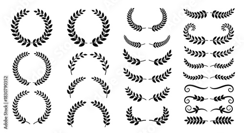 Collection of decorative laurel wreaths and branches, symbolizing victory and achievement