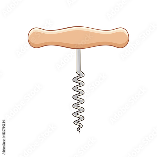 Stylized cartoon corkscrew with light wooden handle isolated on white for beverage service