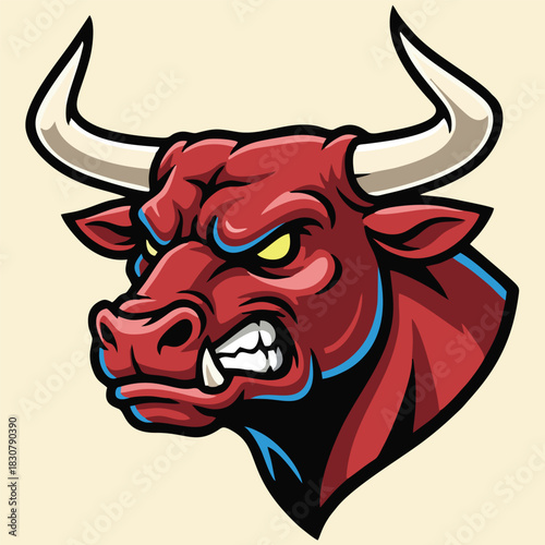 A fierce red bull head with sharp horns and an aggressive expression, cartoon style illustration.