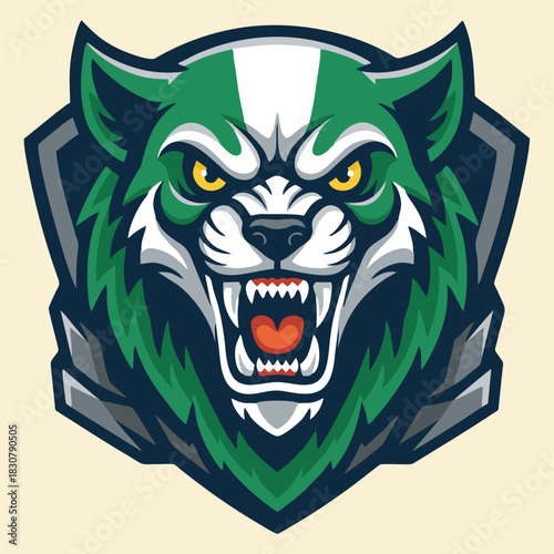 A fierce green and white wolf mascot head with bared teeth and yellow eyes, designed in an esports logo style.