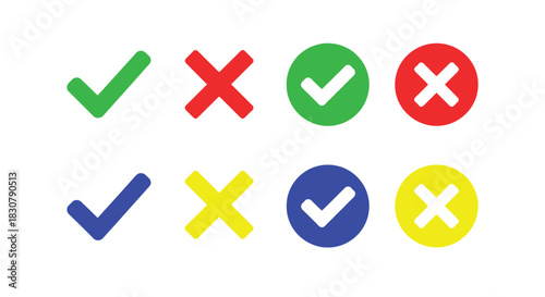 Collection of colorful checkmark and cross icons representing choices and decisions.