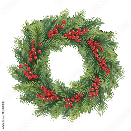 Watercolor Christmas wreath with red berries and green pine branches, festive decoration.