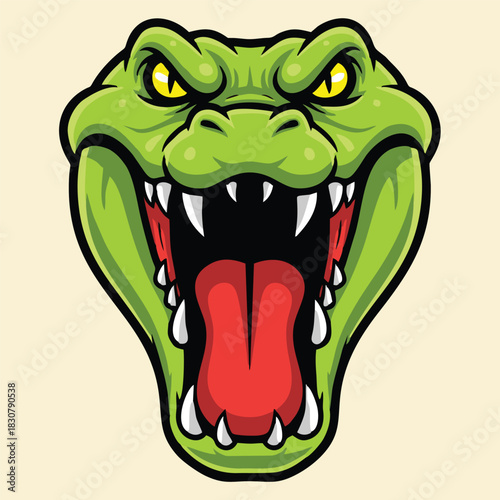 A fierce green cartoon alligator or crocodile head with its mouth wide open, showing sharp teeth and a red tongue, against a light background.
