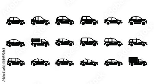 Collection of diverse car silhouettes representing different vehicle types and styles.