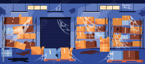 Abandoned warehouse building interior for factory box storage, storehouse hangar with dirt and cobwebs. Stockroom racks with broken and open cardboard parcels on shelves and pallets to delivery