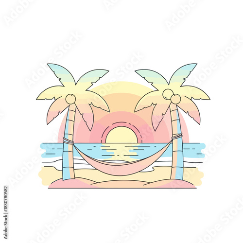 Stylized tropical paradise scene featuring a hammock between two palm trees at sunset over the calm sea, evoking serene vacation dreams with pastel colors and a tranquil atmosphere