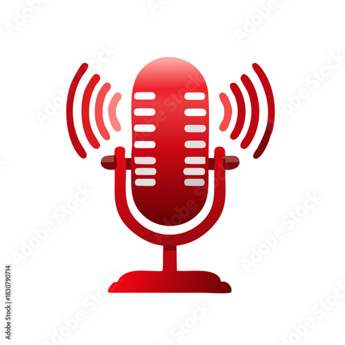 Red Microphone Icon with Sound Waves Broadcasting Audio Signal