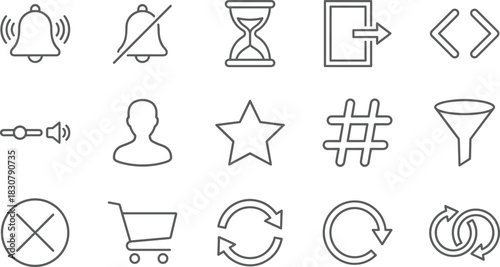 Mobile Application and Website UI line icons set, vector illustration of alerts, login, settings, media, shopping, refresh, filter, and synchronization elements for modern interfaces.