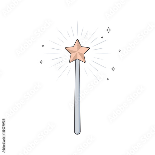 Cartoon Magic Wand with Star Shape Shining Sparkles Conjuring Spell