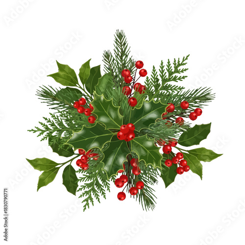 A vibrant and detailed illustration of a Christmas wreath with holly and berries.