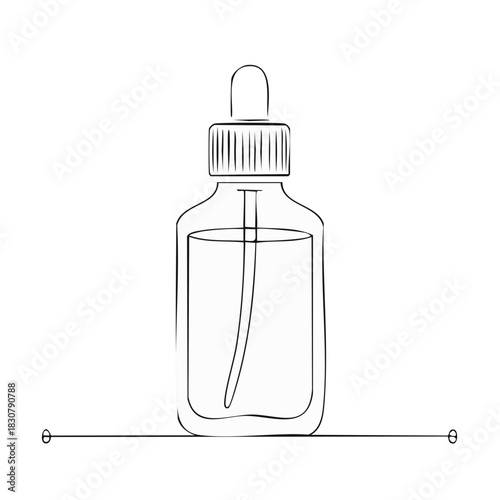 Minimalist line art illustration of a cosmetic dropper bottle with pipette, essential oil serum dispenser